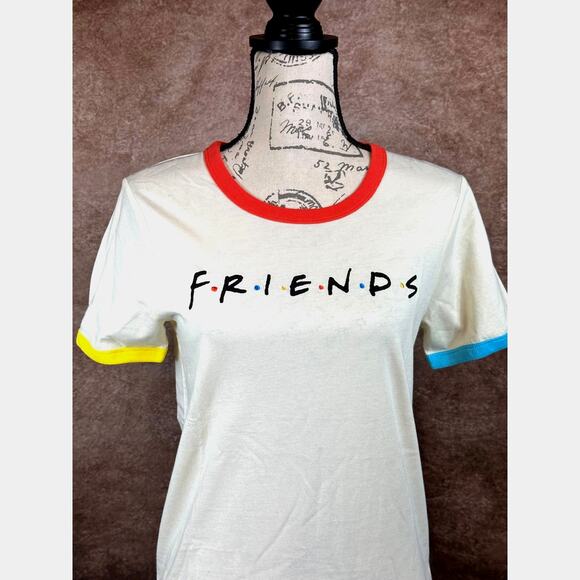 FRIENDS Tops - Friends Rainbow T-shirt Beige with Multicolor Neck and Cuffs M
